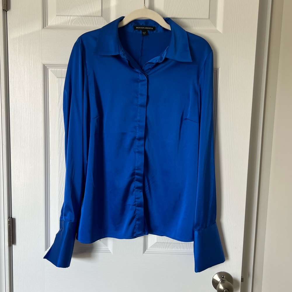 Boston Proper Blue Satin Blouse Size 10